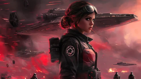 Imperial starfighter pilot in crimson orbital battlefield
