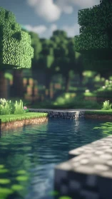 Voxel-based forest pond scene uses shallow depth of field