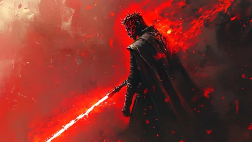 Dark warrior stands in glowing red embers of battle storm.