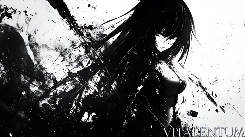 Monochrome anime heroine dissolving in dynamic ink shards.