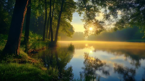Golden morning sunlight gently kisses a quiet forest lake