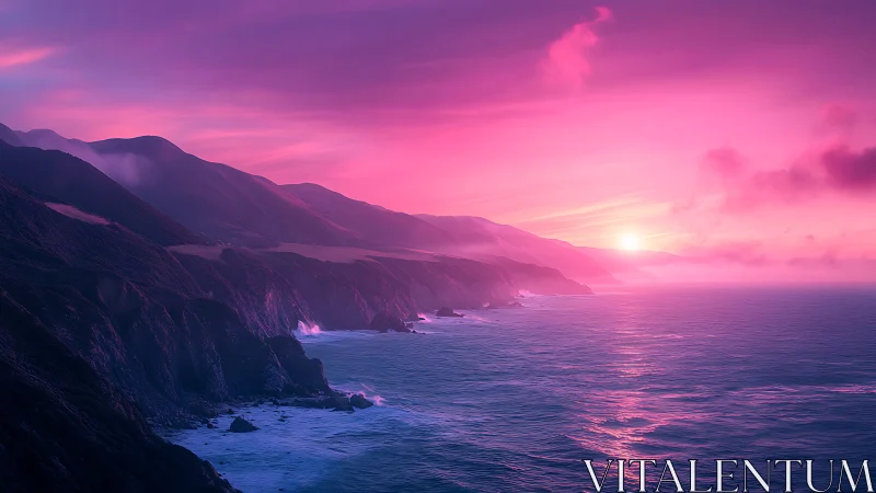 Radiant pink sunset illuminates dramatic ocean cliffs.