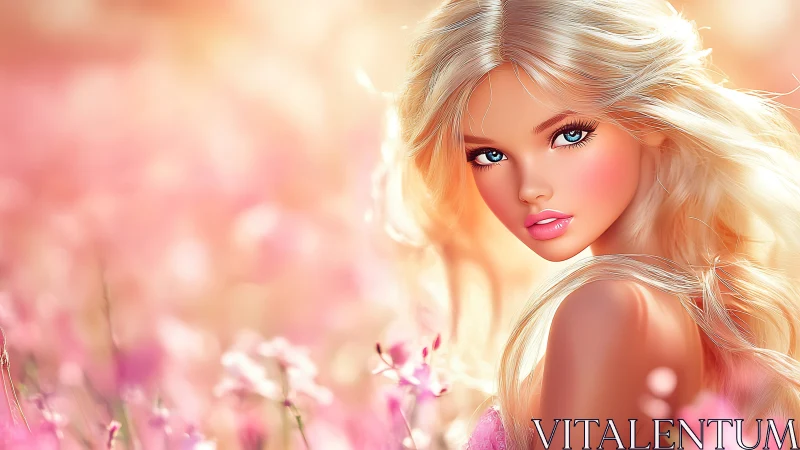 Blonde digital portrait in luminous pink floral bokeh field.