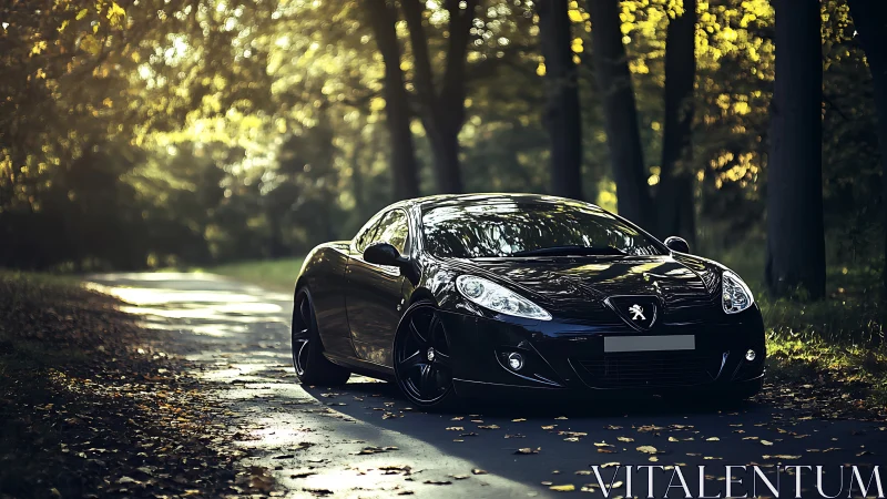 Sleek black sports car pausing on a quiet forest roadway.