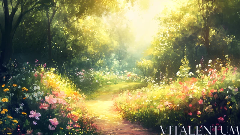 Sunlit garden path drifts dreamward through painted wildflowers