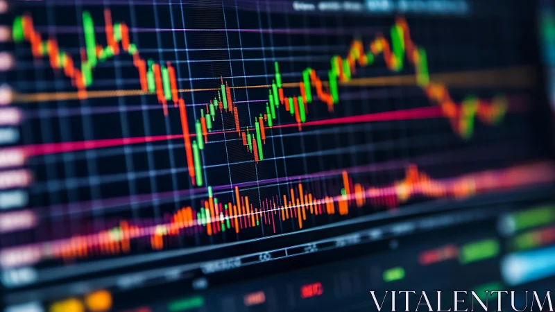 High-frequency trading chart with multicolor candlestick analytics.