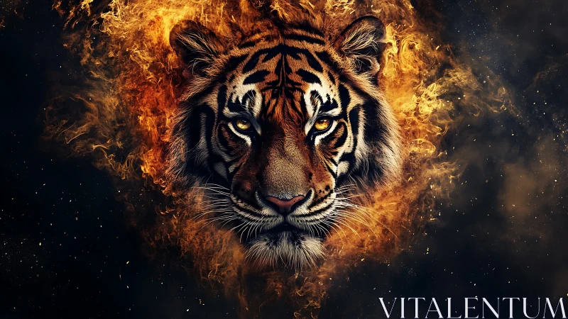 Fiery digital tiger portrait in blazing cosmic smoke.
