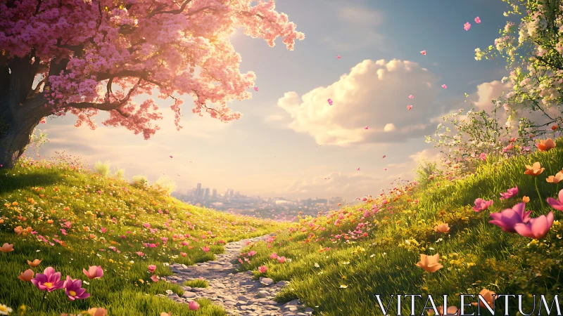 Sunlit stone path under cherry blossoms above distant city