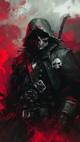 Hooded skull wanderer in a storm of red shadows.