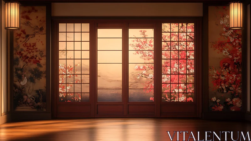 Shoji-framed sakura panorama with warm optical gradients.