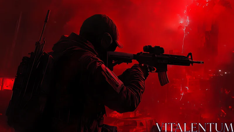 Crimson storm sniper locked in a neon-lit battlefield hush.