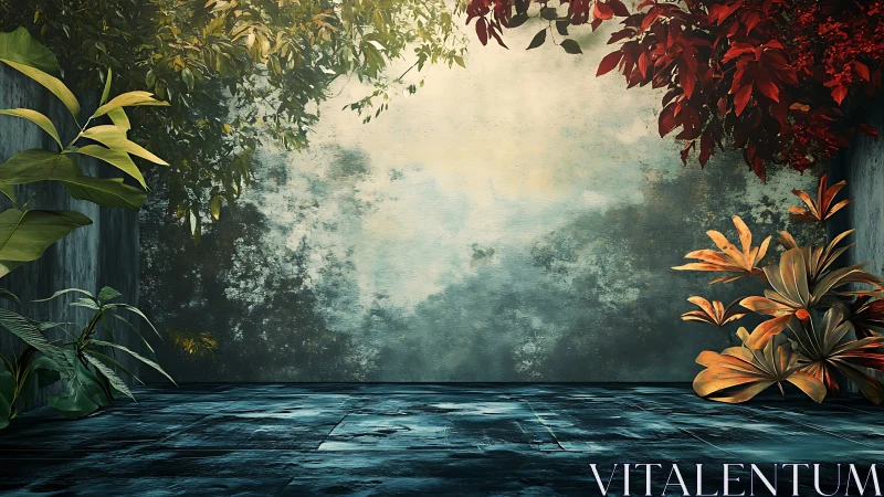 Quiet courtyard corner framed by lush autumn leaves.