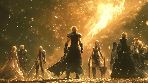 Multi-avatar swordsmen in luminous particulate vortex field.