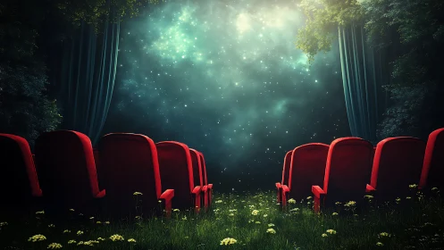 Red cinema seats face starry sky in outdoor forest clearing