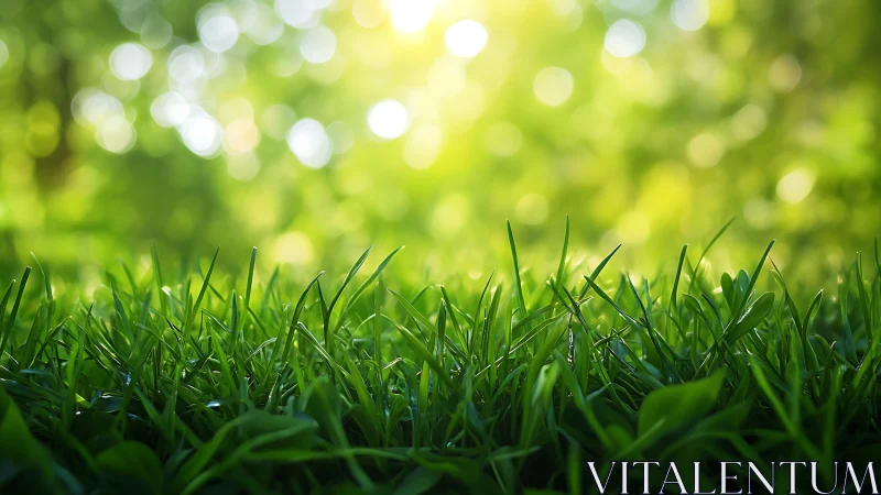 Close-up of fresh green grass with bright bokeh sunlight background.