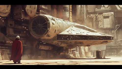 Futuristic spacecraft hovers in industrial hangar with observer