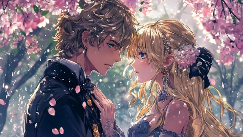 Two anime figures stand facing each other under cherry blossoms