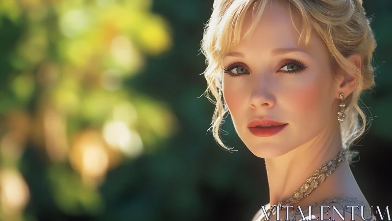 Sunlit garden muse with luminous eyes and golden grace.