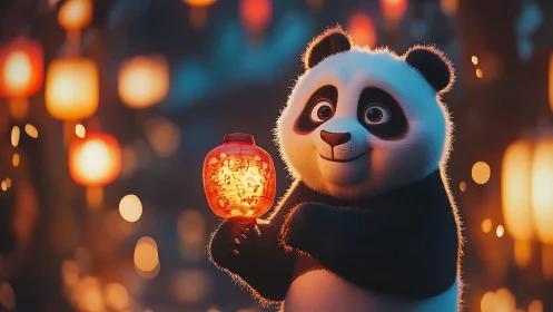 Cute panda holds glowing lantern amid vibrant bokeh night.