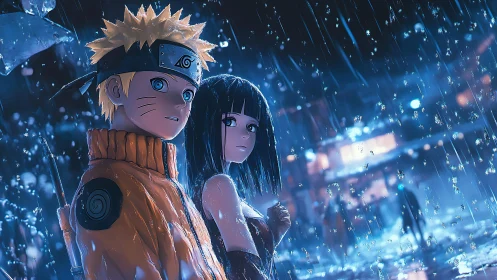 Rainlit anime duo pausing in a storm of neon reflections.