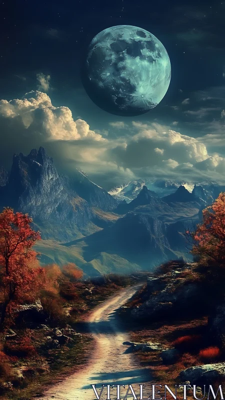 Enormous blue moon hovers above winding autumn mountain path.
