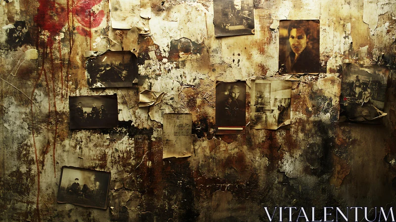 Weathered memory wall of faded photographs and stories.