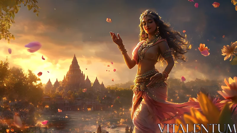 Sunlit temple goddess dancing amid drifting lotus petals.