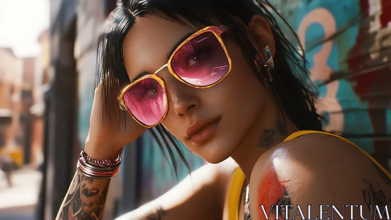 Portrait of tattooed woman in pink sunglasses outdoors.