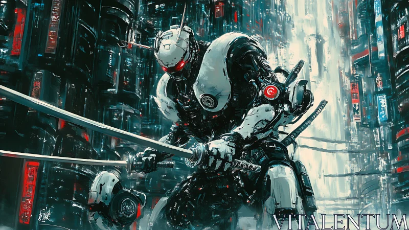 Cybernetic swordsman in dense neon urban environment.