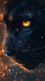 Black cat portrait with glowing amber eyes and particle effects