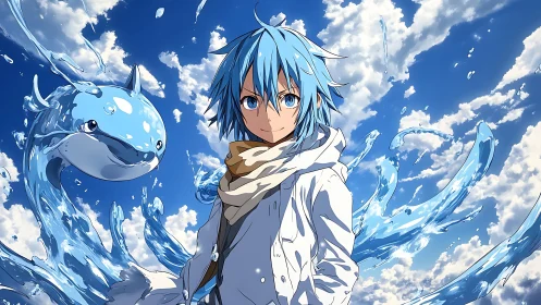 Blue-haired mage with aquatic spirit under dynamic skies.