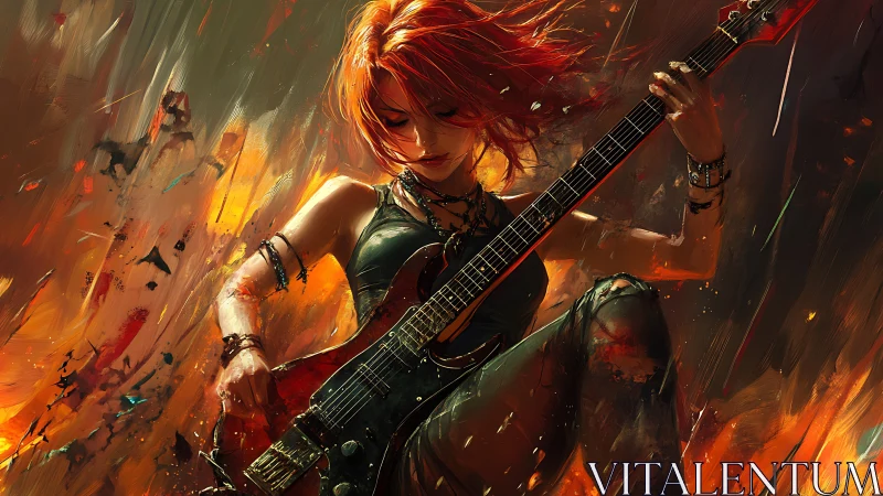 Dynamic red-haired guitarist framed by explosive painterly flames