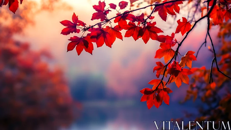 Red autumn maple leaves hang sharply over soft blurred background