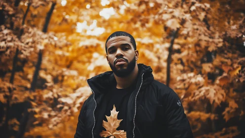 Portrait of man in black jacket against blurred autumn foliage