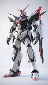 Sleek white battle mech poised like a calm urban guardian.