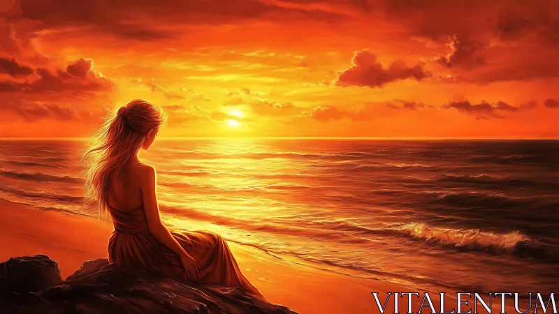 Solitary woman studies fiery sunset over calm ocean waves