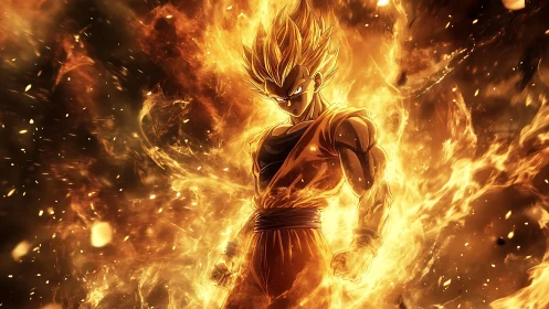 High-energy anime warrior engulfed in volumetric fiery aura field