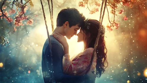 Couple embracing on swing with flowering vines in warm golden light