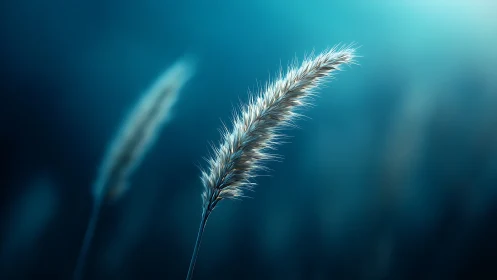 Single wheat stem glows against deep teal blur background.