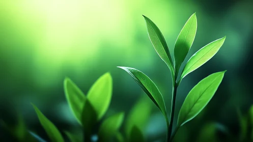 Macro study isolates fresh green leaves in luminous bokeh field
