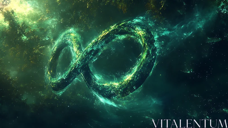 Glowing cosmic infinity loop swirling through emerald space.