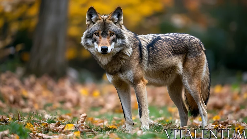 Photorealistic wolf portrait in shallow-depth autumn woodland field.