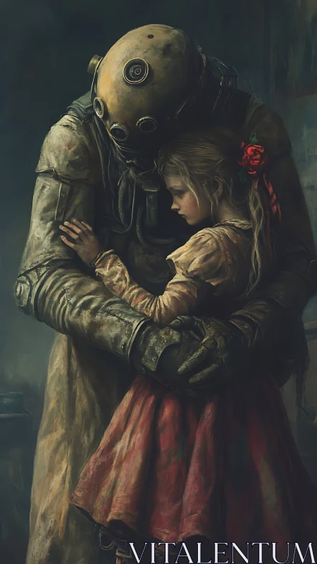 Diver suit figure and young girl in close frontal embrace.