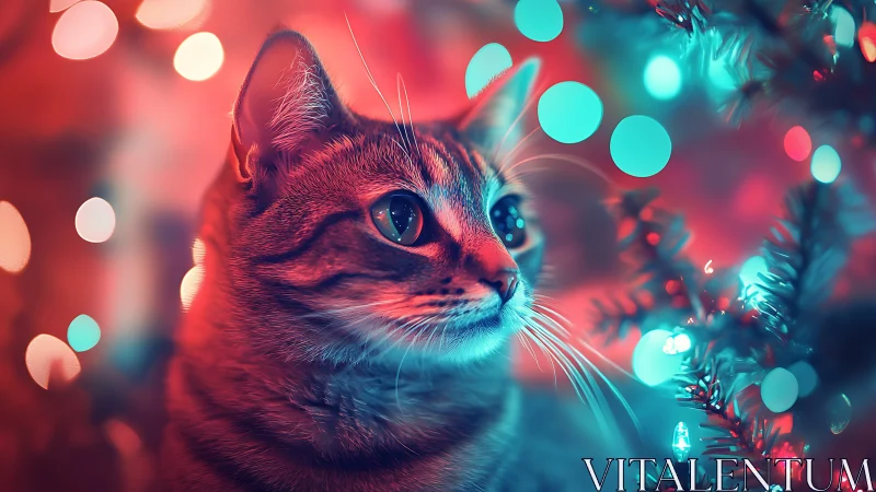 Neon Cat with Festive Lights and Vibrant Color Glow