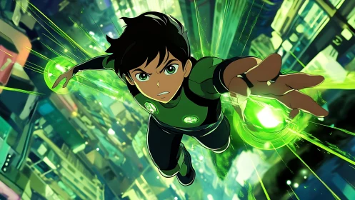 Neon sky sprint: young hero rockets through emerald grids.