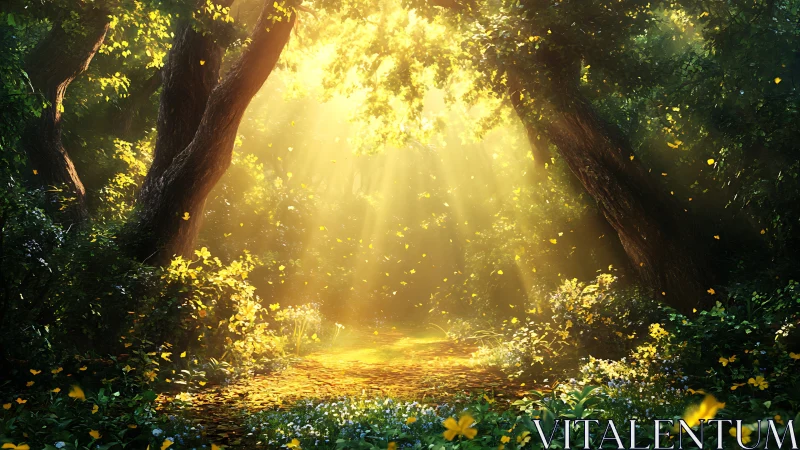 Sunlit forest path glows with warm, dreamlike enchantment
