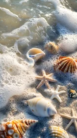 Foam-draped littoral shells in shallow sunlit surf zone.