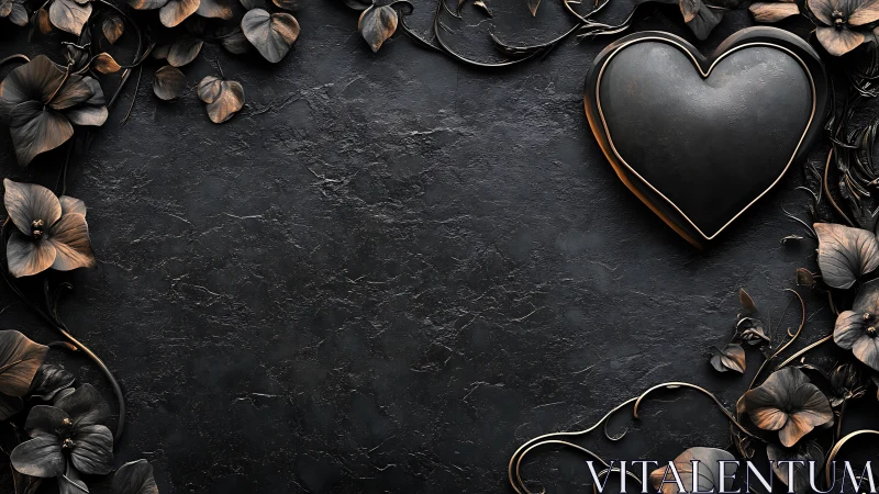 Black Heart on Textured Surface with Dried Flowers.