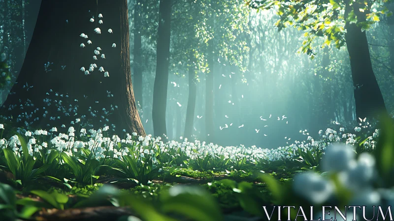 Enchanted Forest Glade With White Wildflowers and Misty Sunlight