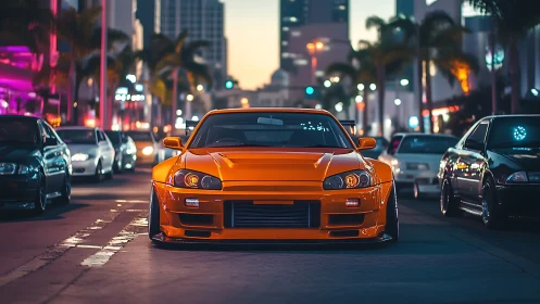 Neon boulevard crowns an orange street racer in motionless roar